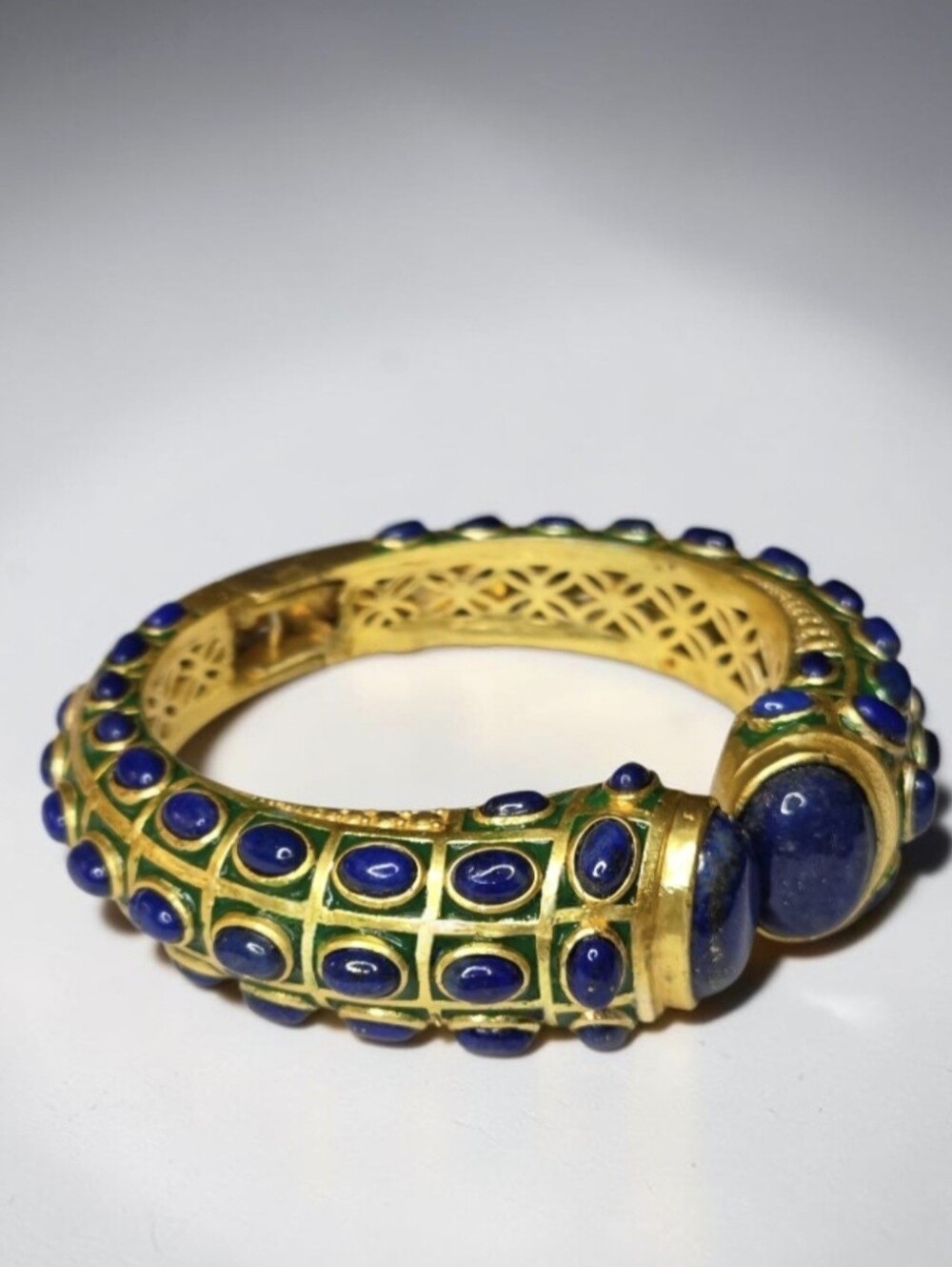 24k Gold Plated Chunky Emerald Enamel Lapis Lazuli Stone Clamper Bracelet - Picture 3 of 5